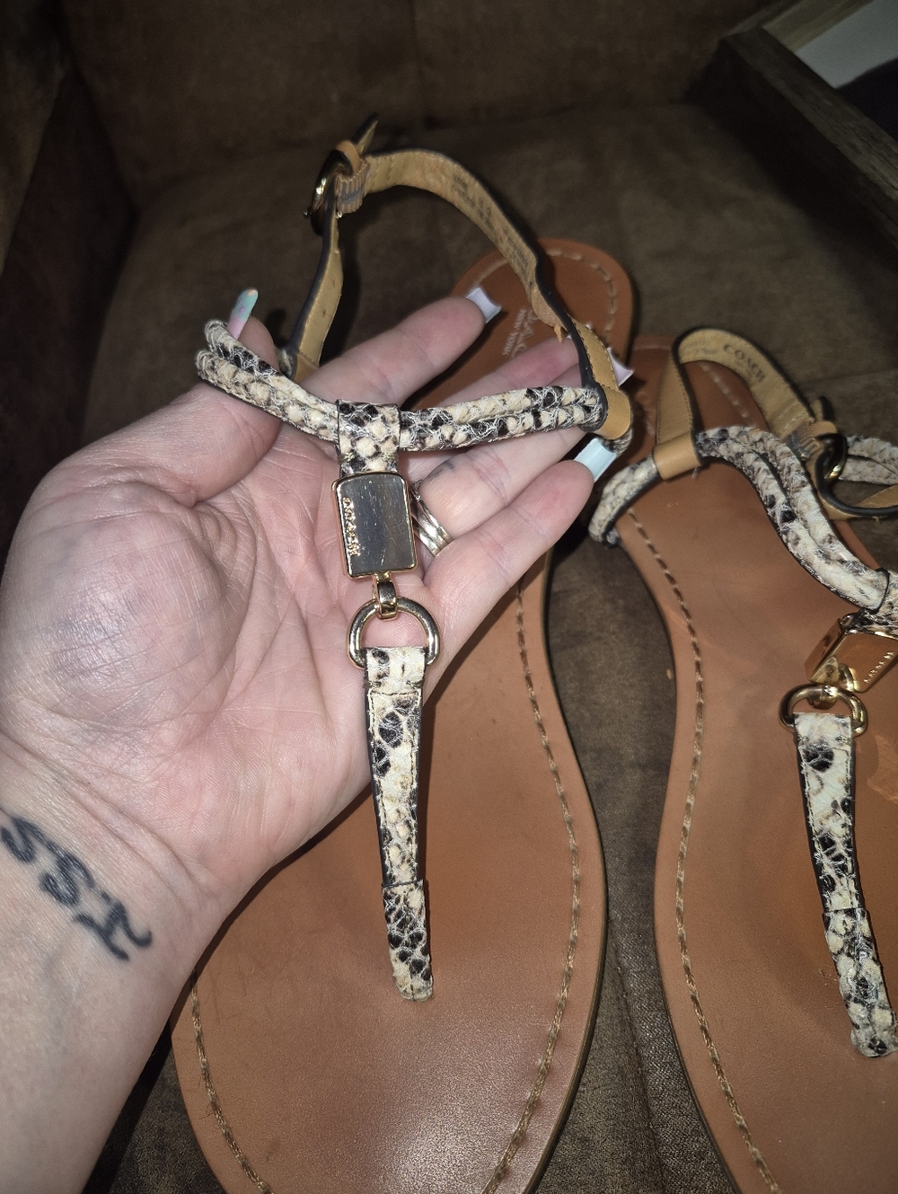 Coach Tan Leather T-Strap Sandals with Snake-Print Straps - Picture 2 of 4